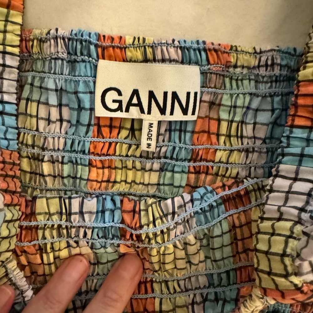 Brand new Ganni plaid square neckline top
